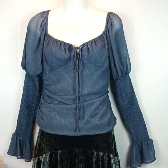 WAYF Whimsigoth Slate blue chiffon ruched long puff sleeve top size small fairy - Picture 1 of 13